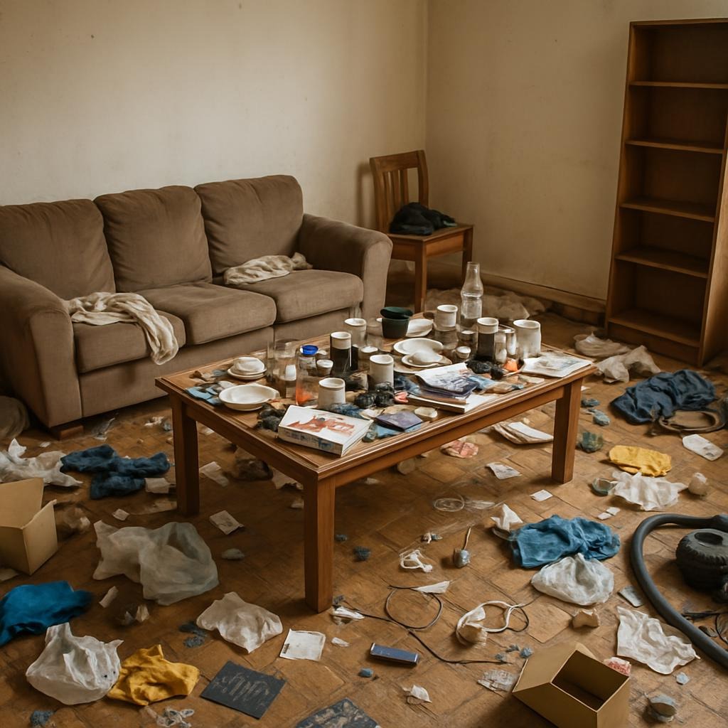 salon caotico con desorden y sin mesa funcional para mantener todo organizado