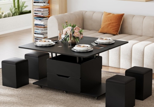 mesa elevable con almacenaje oculto, ruedas giratorias y taburetes color negro para salon