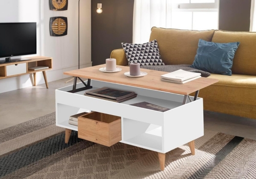 mesa de salon elevable y funcional con patas y cajon, de madera color roble y blanco